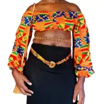 Orange & Multi- Color African Ghana Print Women Puff Long Sleeve Crop Top