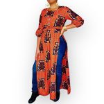 (M/L) Orange & Blue African Print Women Long Side Slit Designs Blouse