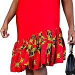 (2XL) Red Fitted Women Dress w/ Asymmetrical African Ankara Print & Embroidery - Image 5