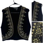(S/M) Black Wool Women Vintage Vest w/ Bronze & Silver Embroidered Beading