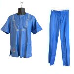 (Large) African Nigerian Senator Style Blue Top & Bottom Two Piece Outfit #1