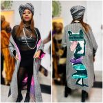 (One Size) Vintage African Lady Patch, Plaid Gray Long Blazer & Wrapper Skirt/Scarf 2 Piece