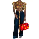 (1XL) Ghana Print Women Halter Top w/ Fluffy Sleeve Women Blouse