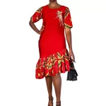 (2XL) Red Fitted Women Dress w/ Asymmetrical African Ankara Print & Embroidery - Image 2