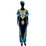 (L/XL) Blue & Yellow African Kaftan Embroidered Women Long Loose Fit Dress w/ Scarf