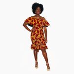 (Large) African Print Orange & Red Off the Shoulder Women Fitted Midi Dress