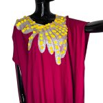(One Size) Rosy Pink Woman Agbada/ Kaftan Long Dress w/ Yellow & Silver Shine Detail - Image 3