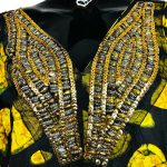 (One Size) African Print Multicolor Long Loose Fit Kaftan/ Agbada w/ Gold Beaded Embroidery - Image 5