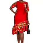 (2XL) Red Fitted Women Dress w/ Asymmetrical African Ankara Print & Embroidery - Image 3