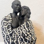 Vintage 90s Ebony Couple Figurine with Tribal Print Mud Cloth Style Painting - Image 3