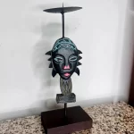 African Tribal Women Wooden & Metal Candle Holder Home Decor