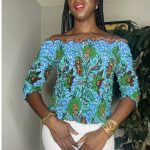 One Size African Print Women Turquoise Shirred Stretchy Off The Shoulder Blouse