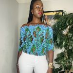 One Size African Print Women Turquoise Shirred Stretchy Off The Shoulder Blouse - Image 2