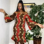 One Size African Print Women Red & Brown Stretchy Shirred Off The Shoulder Dress