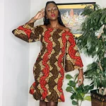 One Size African Print Women Red & Brown Stretchy Shirred Off The Shoulder Dress - Image 2
