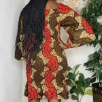 One Size African Print Women Red & Brown Stretchy Shirred Off The Shoulder Dress - Image 3