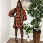 One Size African Print Women Red & Brown Stretchy Shirred Off The Shoulder Dress - Image 4