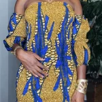 One Size African Print Women Brown & Blue Stretchy Shirred Off Shoulder Dress - Image 4