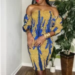 One Size African Print Women Brown & Blue Stretchy Shirred Off Shoulder Dress