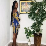 One Size African Print Women Brown & Blue Stretchy Shirred Off Shoulder Dress - Image 3