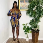 One Size African Print Women Brown & Blue Stretchy Shirred Off Shoulder Dress - Image 2
