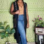 (One Size) African Vintage Black Long Cardigan Vest Shell & Beaded Embroidery - Image 2