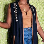(One Size) African Vintage Black Long Cardigan Vest Shell & Beaded Embroidery - Image 3