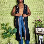 (One Size) African Vintage Black Long Cardigan Vest Shell & Beaded Embroidery