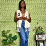 (L/XL) Beige Women African Vest w/ Fringe Trim and Bead & Shell Embroidery