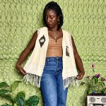 (L/XL) Beige Women African Vest w/ Fringe Trim and Bead & Shell Embroidery - Image 2
