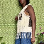 (L/XL) Beige Women African Vest w/ Fringe Trim and Bead & Shell Embroidery - Image 3