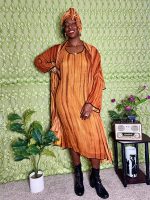 (One Size) African Women Burnt Orange Three Piece Scarf, Dress, & Cardigan - Image 2