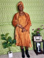 (One Size) African Women Burnt Orange Three Piece Scarf, Dress, & Cardigan - Image 3