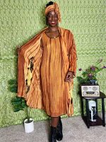 (One Size) African Women Burnt Orange Three Piece Scarf, Dress, & Cardigan