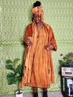 (One Size) African Women Burnt Orange Three Piece Scarf, Dress, & Cardigan - Image 5