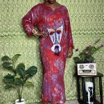 (One Size) African Red & Purple Tye Dye Women Authentic Mud Cloth Long Dress