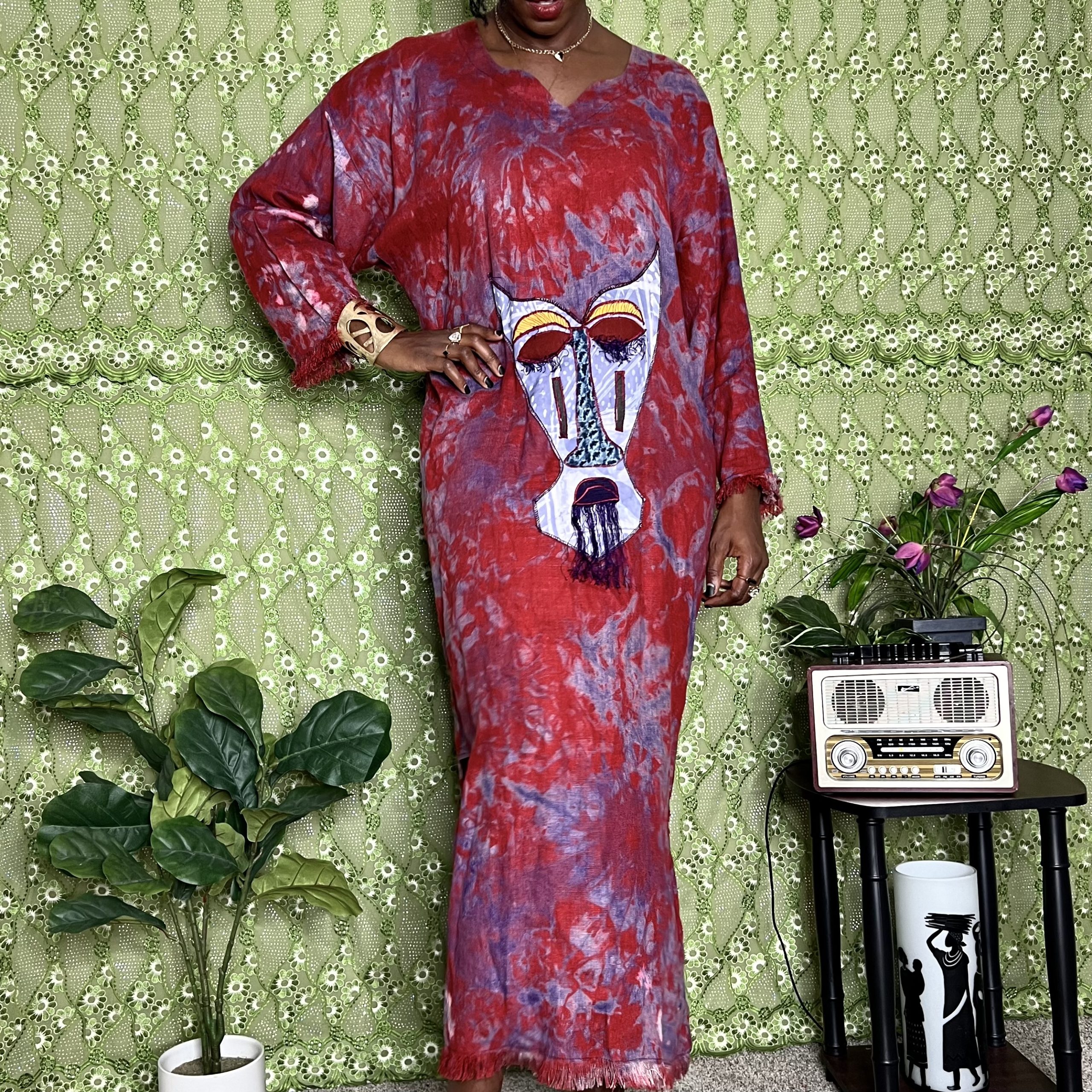 IMG_1692.jpeg (One Size) African Red & Purple Tye Dye Women Authentic Mud Cloth Long Dress - Image 1