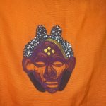 (One Size) Vintage Women Orange Caftan Dress with Hand Painted African Tribal Mask - Image 6