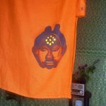 (One Size) Vintage Women Orange Caftan Dress with Hand Painted African Tribal Mask - Image 7