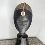 African Brown and Black Mini Mask Statue with Shell Detail - Image 2