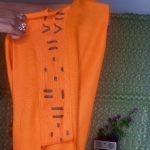 (One Size) Vintage Women Orange Caftan Dress with Hand Painted African Tribal Mask - Image 5