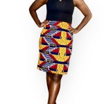 (2XL) African Print Women Red Yellow & Black Skirt with Stretch at the Back
