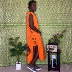 (One Size) Vintage Women Orange Caftan Dress with Hand Painted African Tribal Mask - Image 3