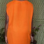 (One Size) Vintage Women Orange Caftan Dress with Hand Painted African Tribal Mask - Image 4