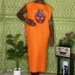 (One Size) Vintage Women Orange Caftan Dress with Hand Painted African Tribal Mask - Image 2