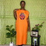 (One Size) Vintage Women Orange Caftan Dress with Hand Painted African Tribal Mask