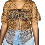 (Large) Brown and Black Mesh See Through Women Cheetah Print Blouse - Image 2