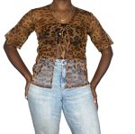 (Large) Brown and Black Mesh See Through Women Cheetah Print Blouse - Image 3