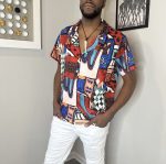 (XL) Multi- Color Men Bowling Style Abstract Print Collar Shirt