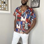 (XL) Multi- Color Men Bowling Style Abstract Print Collar Shirt